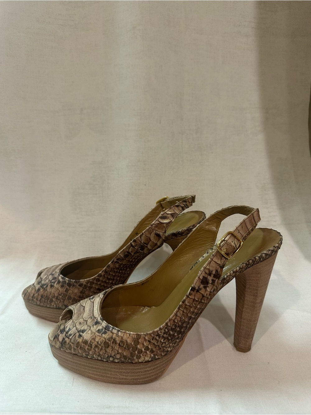 Stuart Weitzman Brown Snake-Print Slingback Peep-Toe Heels